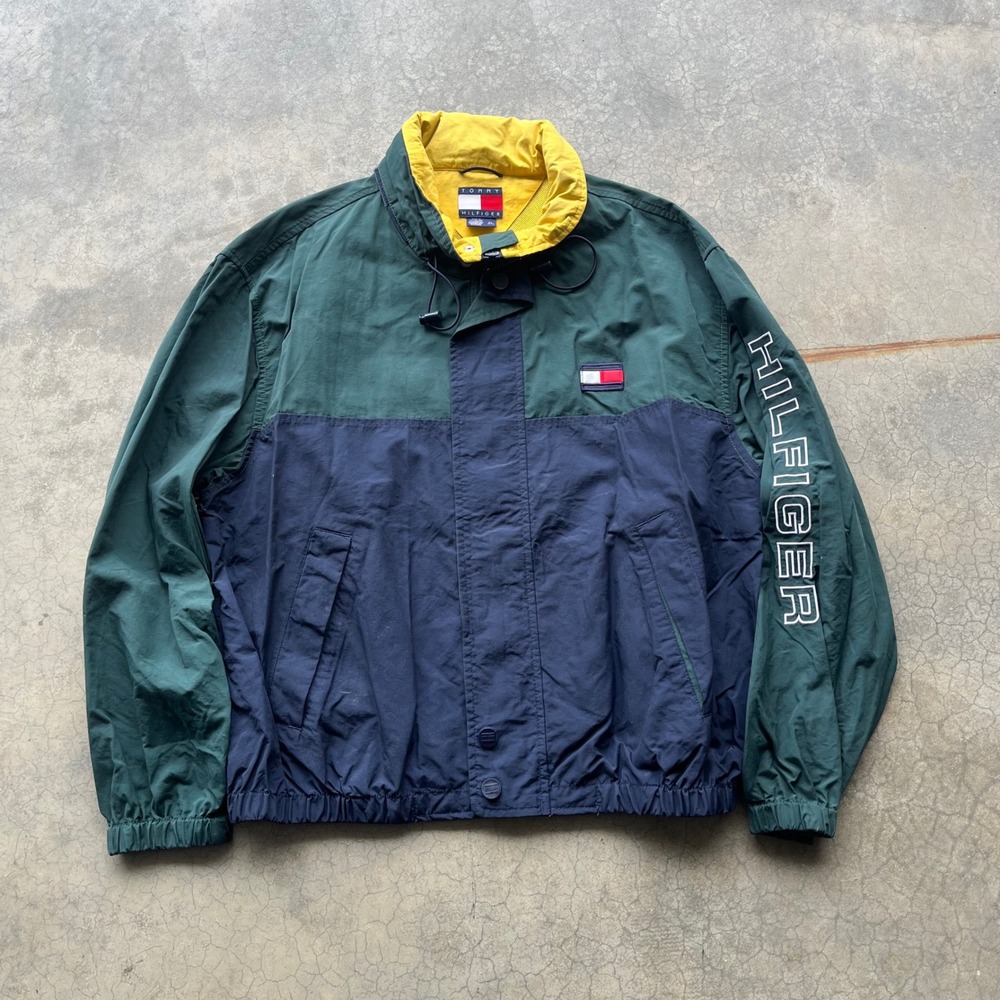 Vintage Tommy Hilfiger Colorblock Windbreaker Jacket Green Navy XL Packable Hood